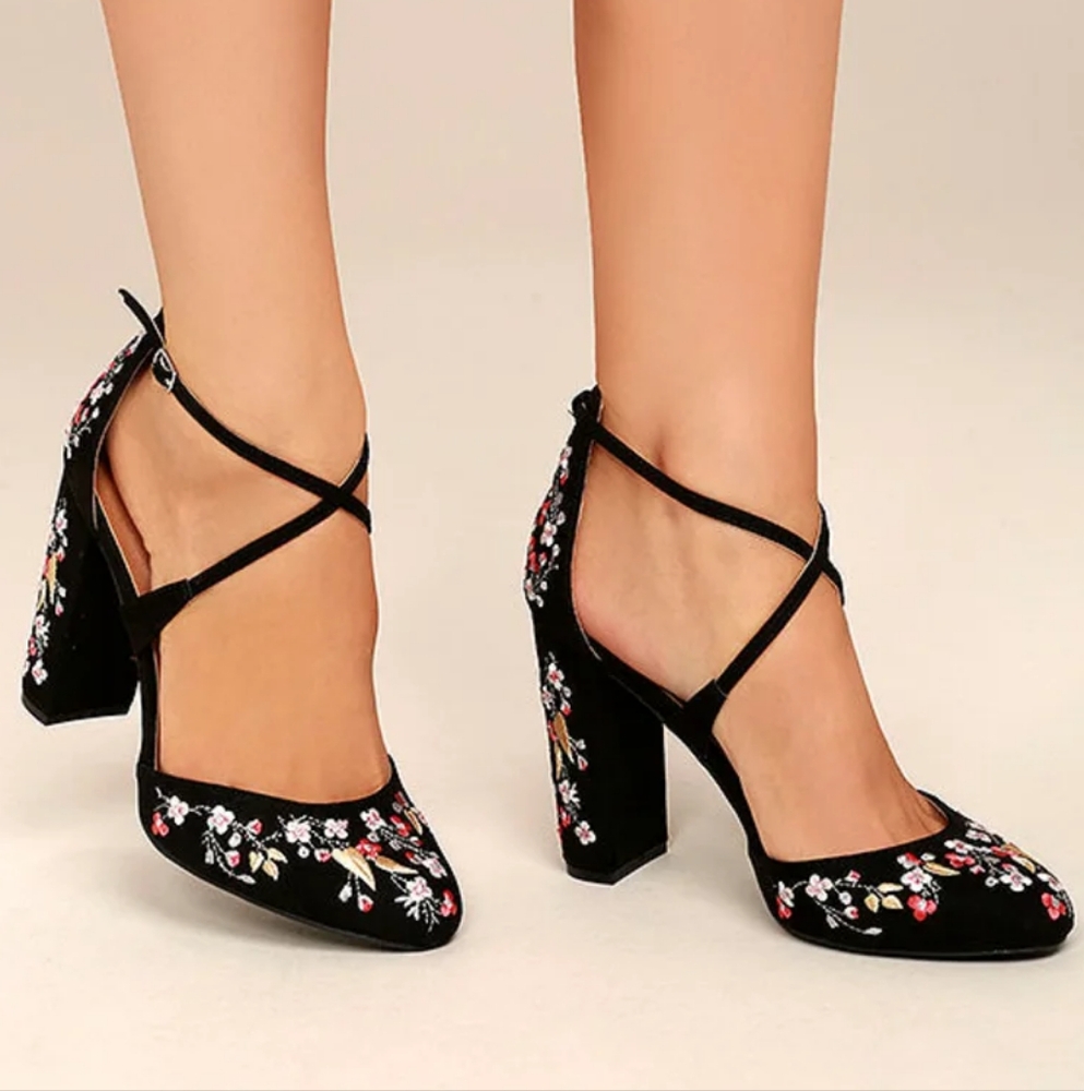 Wild Diva - Black Floral Embroidered Heels, Vegan Suede - NEVER WORN
